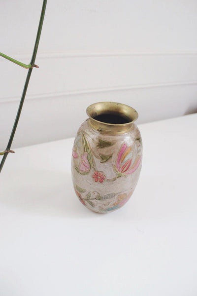 Handmade Vintage Brass Floral Etched Vase With Multicolor Enamel Detailing - 6 Inches Tall