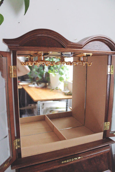 Vintage Wooden Jewelry Armoire Tabletop Cabinet Rosalco Glass Doors Storage Brass