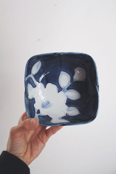 Vintage Hand-Painted Blue White Ceramic Bowl Floral Square Fitz Floyd Japan