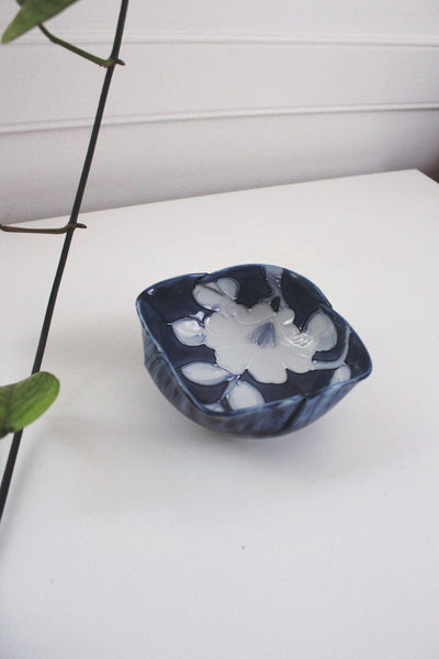 Vintage Hand-Painted Blue White Ceramic Bowl Floral Square Fitz Floyd Japan