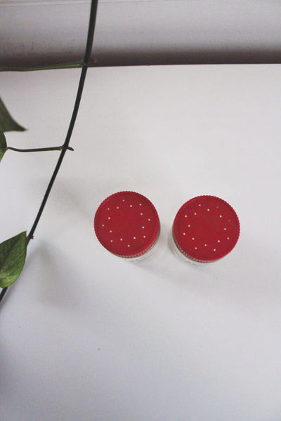 Vintage Glass Salt Pepper Shakers Spice Jars Atomic Starburst Red Mid Century
