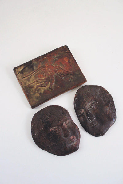 Vintage Sculptural Figural Wall Hanging Art Plaques Studio Pottery Ancient Rustic