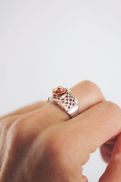 Vintage Black Hills Gold Carved Rose Basket-Weave Ring Sterling Silver 12k Rose Gold 6