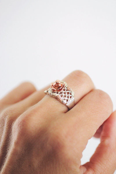 Vintage Black Hills Gold Carved Rose Basket-Weave Ring Sterling Silver 12k Rose Gold 6