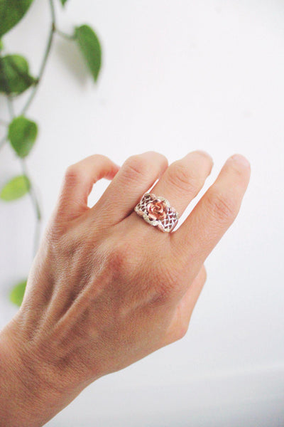 Vintage Black Hills Gold Carved Rose Basket-Weave Ring Sterling Silver 12k Rose Gold 6