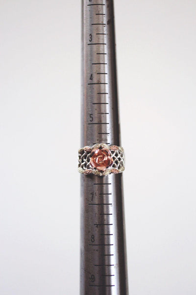 Vintage Black Hills Gold Carved Rose Basket-Weave Ring Sterling Silver 12k Rose Gold 6
