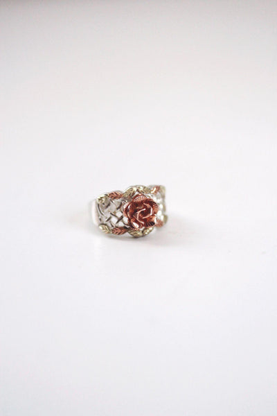 Vintage Black Hills Gold Carved Rose Basket-Weave Ring Sterling Silver 12k Rose Gold 6