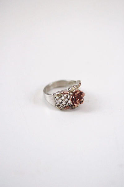 Vintage Black Hills Gold Carved Rose Basket-Weave Ring Sterling Silver 12k Rose Gold 6