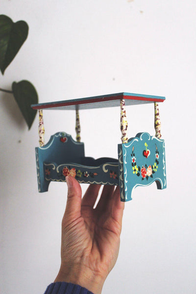 Vintage Dora Kuhn Miniature Canopy Bed Hand-Painted Dollhouse West Germany Folk Art