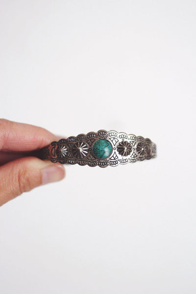 Vintage Southwestern Sterling Silver Turquoise Cuff Bracelet Stamped Scalloped