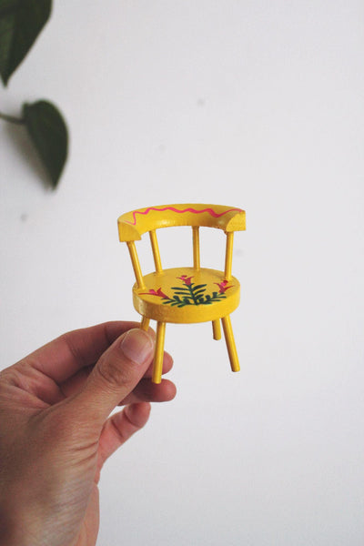 Vintage Yellow Wooden Miniature Table & Chair Set Hand-Painted Floral Design Made In Japan