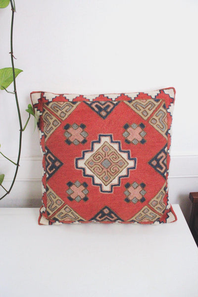 Vintage Kilim Embroidered Throw Pillow Cover Red Geometric 14" Square Woven