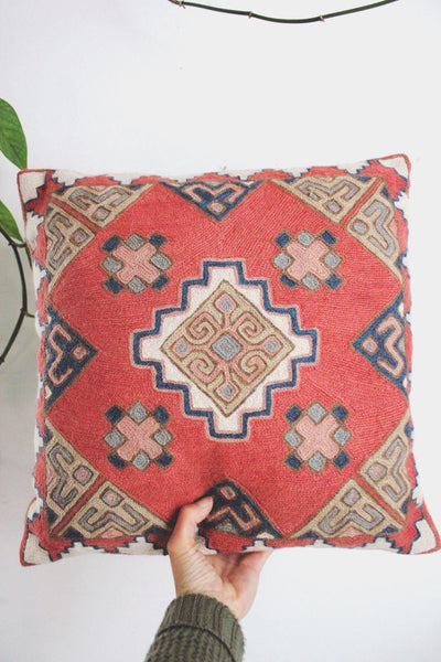 Vintage Kilim Embroidered Throw Pillow Cover Red Geometric 14" Square Woven