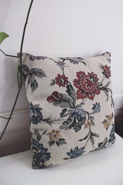 Vintage Floral Tapestry Throw Pillow Beige Flowers 18" Square Cottagecore