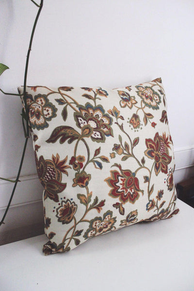 Vintage Floral Tapestry Throw Pillow Beige Flowers 18" Square Cottagecore