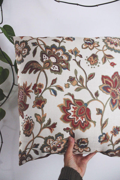 Vintage Floral Tapestry Throw Pillow Beige Flowers 18" Square Cottagecore