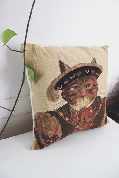 Vintage Anthropomorphic Cat Tapestry Throw Pillow Susan Herbert King Henry VIII 18"