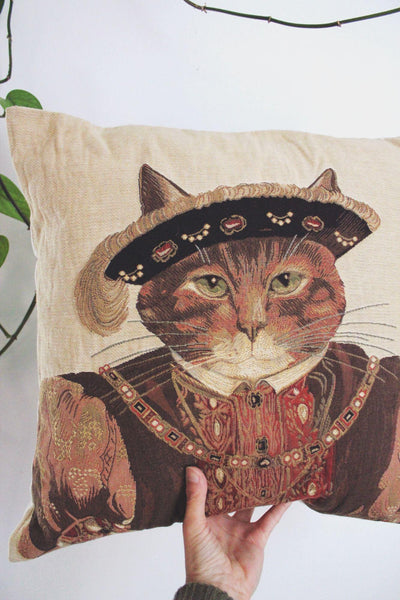 Vintage Anthropomorphic Cat Tapestry Throw Pillow Susan Herbert King Henry VIII 18"