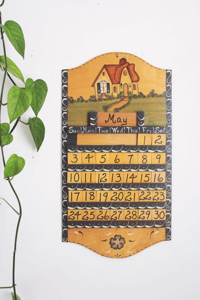 Vintage 1987 Hand-Painted Perpetual Wooden Wall Calendar With Interchangeable Month & Day Tiles