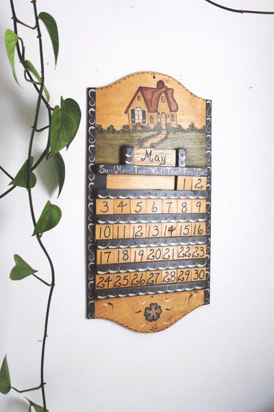 Vintage 1987 Hand-Painted Perpetual Wooden Wall Calendar With Interchangeable Month & Day Tiles
