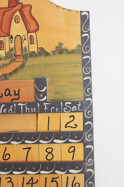 Vintage 1987 Hand-Painted Perpetual Wooden Wall Calendar With Interchangeable Month & Day Tiles