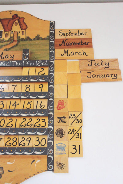 Vintage 1987 Hand-Painted Perpetual Wooden Wall Calendar With Interchangeable Month & Day Tiles