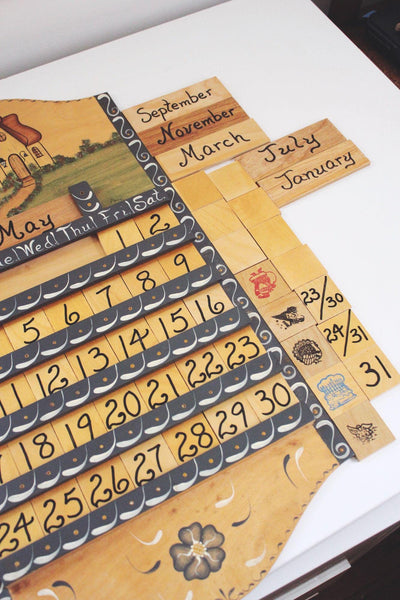 Vintage 1987 Hand-Painted Perpetual Wooden Wall Calendar With Interchangeable Month & Day Tiles