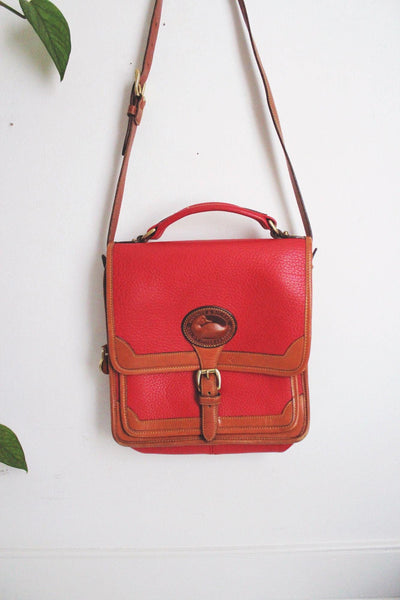 Dooney Bourke Red & Tan Leather Vintage Crossbody Satchel Handbag With Adjustable Strap