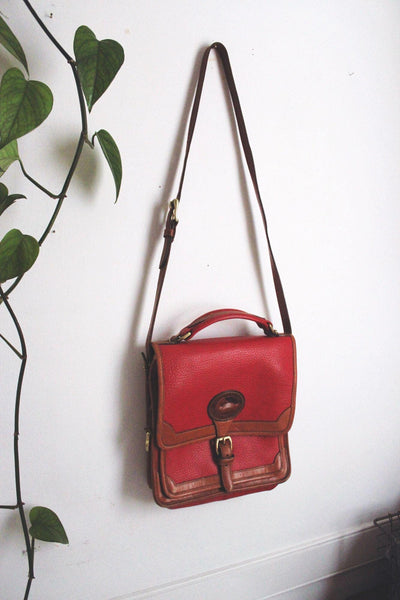 Dooney Bourke Red & Tan Leather Vintage Crossbody Satchel Handbag With Adjustable Strap