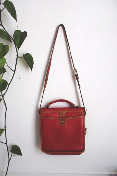 Dooney Bourke Red & Tan Leather Vintage Crossbody Satchel Handbag With Adjustable Strap