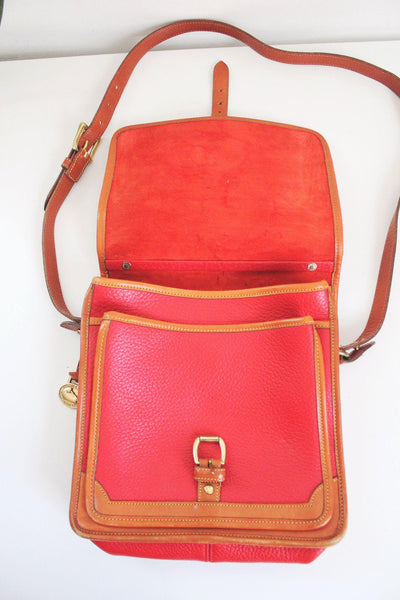 Dooney Bourke Red & Tan Leather Vintage Crossbody Satchel Handbag With Adjustable Strap