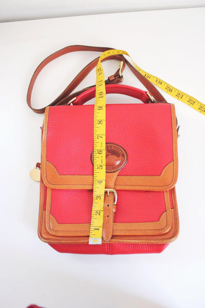 Dooney Bourke Red & Tan Leather Vintage Crossbody Satchel Handbag With Adjustable Strap