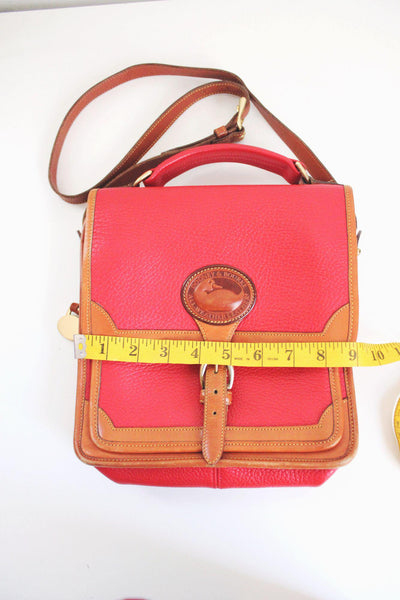 Dooney Bourke Red & Tan Leather Vintage Crossbody Satchel Handbag With Adjustable Strap