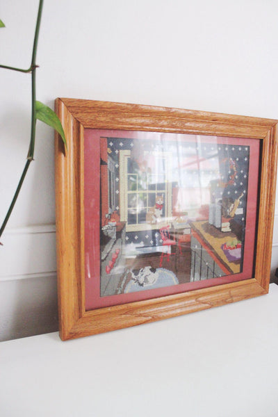 Vintage Framed Cross Stitch Art Kitchen Kittens Cozy Country Home Cat Cottagecore