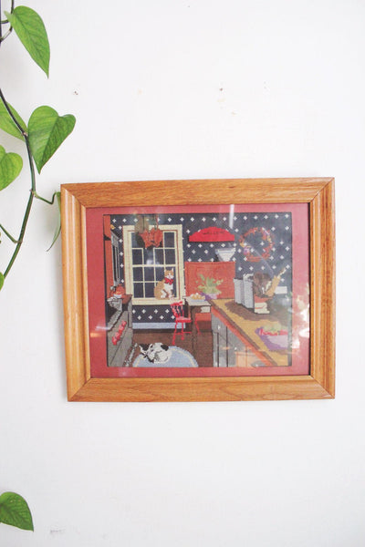 Vintage Framed Cross Stitch Art Kitchen Kittens Cozy Country Home Cat Cottagecore