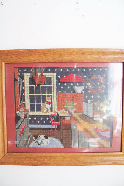 Vintage Framed Cross Stitch Art Kitchen Kittens Cozy Country Home Cat Cottagecore