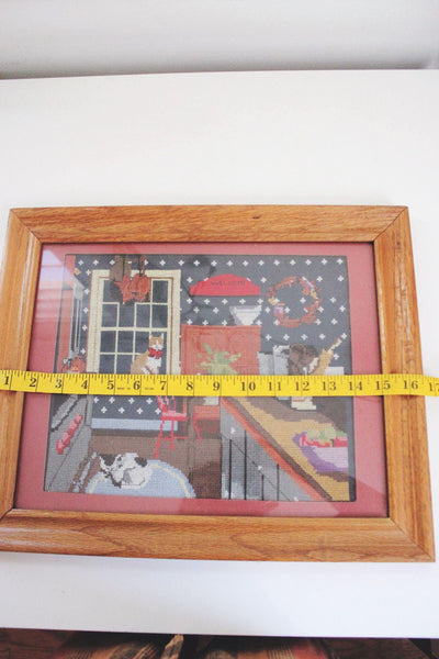 Vintage Framed Cross Stitch Art Kitchen Kittens Cozy Country Home Cat Cottagecore