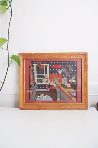 Vintage Framed Cross Stitch Art Kitchen Kittens Cozy Country Home Cat Cottagecore