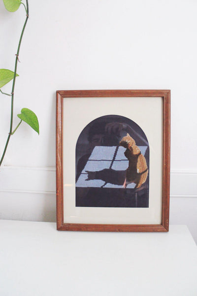 Vintage Framed Cross-Stitch Cat Wall Art Wooden 80s Up and Over Cottagecore