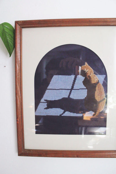 Vintage Framed Cross-Stitch Cat Wall Art Wooden 80s Up and Over Cottagecore