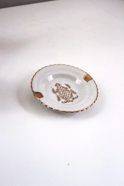Vintage Japan Porcelain Ashtray Gold Crest Scalloped Edge White Dish