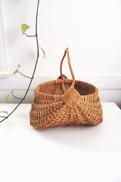 Vintage Buttocks Basket Melon Gathering Harvest Handwoven Wicker Handle Rustic Farmhouse