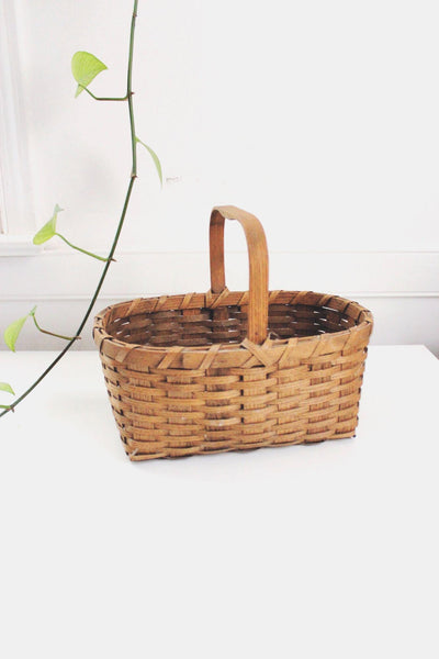 Vintage Handwoven Wooden Basket Handle Rustic Oval Storage Decor Farmhouse