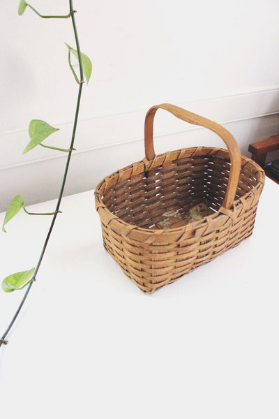 Vintage Handwoven Wooden Basket Handle Rustic Oval Storage Decor Farmhouse