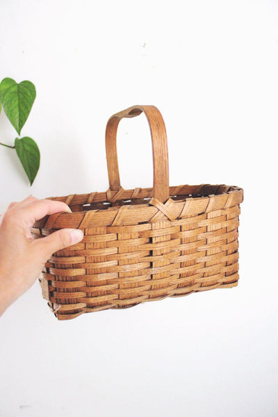 Vintage Handwoven Wooden Basket Handle Rustic Oval Storage Decor Farmhouse