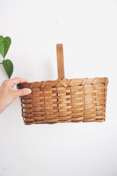 Vintage Handwoven Wooden Basket Handle Rustic Oval Storage Decor Farmhouse