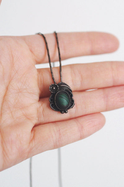 Vintage Sterling Silver Pendant Necklace With Green Malachite Stone & Floral Design