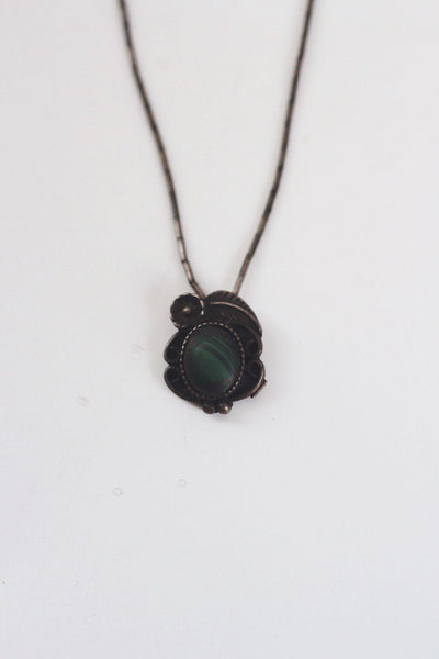 Vintage Sterling Silver Pendant Necklace With Green Malachite Stone & Floral Design