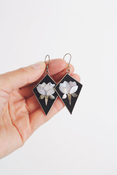 Vintage Mexican Alpaca Silver Dangle Earrings Mother Of Pearl Inlay Floral Abalone Shell