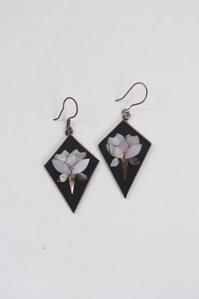 Vintage Mexican Alpaca Silver Dangle Earrings Mother Of Pearl Inlay Floral Abalone Shell